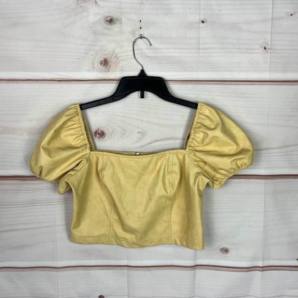 7 For All Mankind Top Womens S Yellow Pleather Crop Blouse Puff Sleeve Zipper